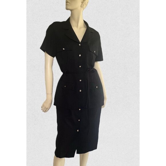 1980s Black Dress, Size L, Midi-Length Button Down Dress by V.I.P. Petites - Picture 1 of 11
